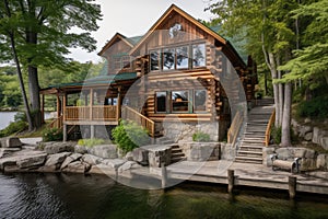 log cabin with wrap-around porch, overlooking picturesque lake