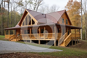 log cabin with wrap-around porch and rocking chairs outside