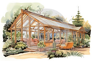 log cabins glass-topped architecturally modern conservatory, magazine style illustration