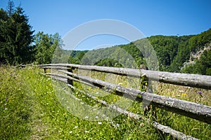 log fence in a mountain village in Ukraine