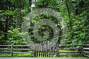 Log fence with sign near forest