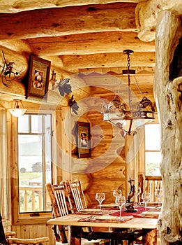 A modern log home dining room