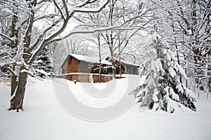 Log home nestled in a snow covered woods