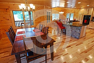 Log house kitchen and dining interior