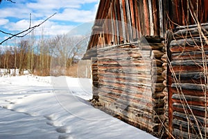 log house wall landscape winter