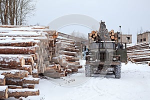 Log loader track with timber in lumber mill