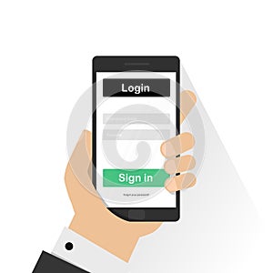 Log in page on smartphone screen. Hand holds the smartphone and finger touches screen. Modern Flat design illustration