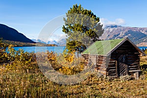 Log shack on Lake Bennet Yukon Territory YT Canada