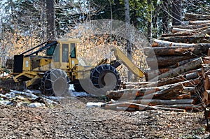 Logging skidder and logs