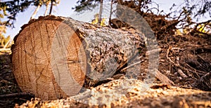 Log spruce trunks pile. Sawn trees from the forest. Logging timber wood industry. Cut tree trunk.