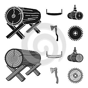 Log on supports, two-hand saw, ax, raising logs. Sawmill and timber set collection icons in black,monochrom style vector photo