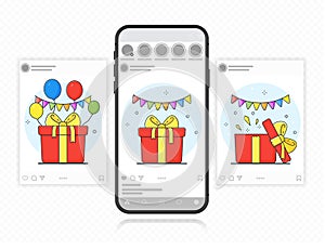 Log in to win prizes in the gift box. Screen smartphone with a carousel for social networks. Cartoon origami style vector