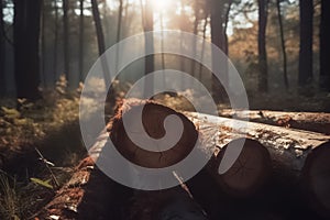 Log trunks pile, timber harvesting. Pile of wooden logs prepared for removal. Logging timber wood industry. Generative AI