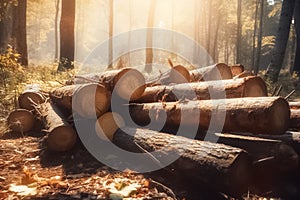 Log trunks pile, timber harvesting. Pile of wooden logs prepared for removal. Logging timber wood industry. Generative AI