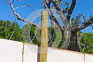 Log of wood against a wall with barbed wires on top of it with the trees in the background