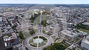 Logan Circle Square Fountain and Philadelphia Museum of Art Rocky Stepsin Background. Pennsylvania
