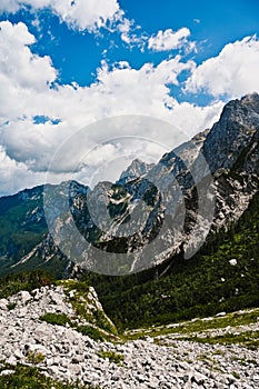 Logar valley or Logarska dolina, Slovenia, Europe. Hiking in savinja Alps and Slovenia mountain. Popular site for a hike in trigl