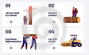 Logger Professional Occupation, Job Website Landing Page Set. Lumberjacks Employees Working in Forest Cutting