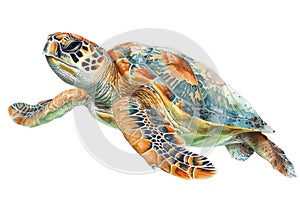 Loggerhead sea turtle,  Pastel-colored, in hand-drawn style, watercolor, isolated on white background photo