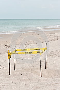 Loggerhead turtle nest, corded off by yellow tape, at a tropical sandy beach