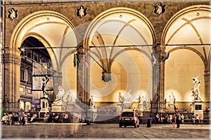 Loggia dei Lanzi, aka Loggia della Signoria, part of the Ufizzi museum, Florence, Italy at night photo