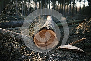 Logging in the commercial forest in Czech republic. Log trunks pile of larch.