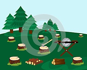 Logging forest with felled trees vector illustration hand drawn. Stumps after spruces cutting, ax, saw machine, logs.