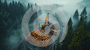 Logging in a Misty Forest Generative AI photo