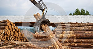Logging, sawmill. Manipulator for loading wood. The loader of boards and logs works against the background of a stormy