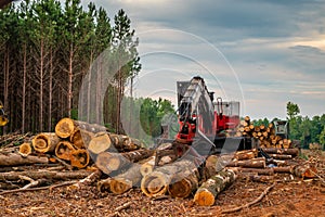 Logging trees with crane for timber and firewood