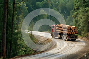 logging truck with full load rushing on a forest road curve
