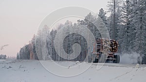 Logging truck with full load of timber drive on winter dirt road