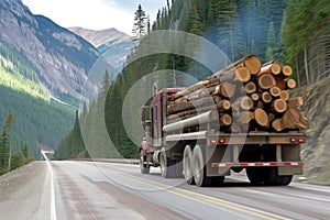 logging truck with timber speeding on a forested mountain road