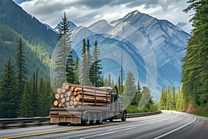 logging truck with timber speeding on a forested mountain road