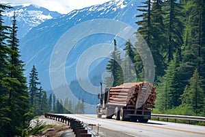 logging truck with timber speeding on a forested mountain road