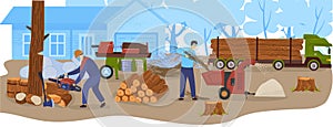 Logging wood industry, timbers, lumber truck with loggs vector illustration. Wood production and forestry.