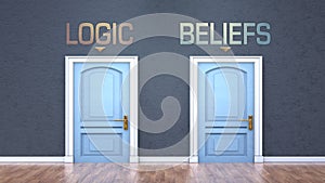 Logic and beliefs as a choice - pictured as words Logic, beliefs on doors to show that Logic and beliefs are opposite options