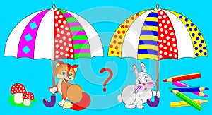 Logic exercise for young children. Both animals have identical umbrellas. Paint on the missing details corresponding ornament.