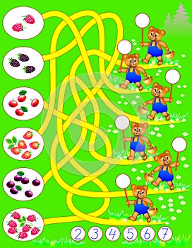 Logic exercise for young children. Count how many berries each bear has found and write the corresponding numbers in circles.