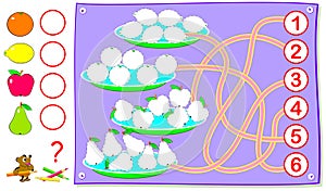 Logic exercise for young children. Need to paint corresponding quantity of fruits and write the numbers in relevant circles.