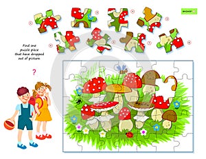 Logic game for children and adults. Find one puzzle piece that have dropped out of picture. Printable page for kids brain teaser