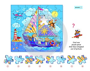 Logic game for children and adults. Find one puzzle piece that have dropped out of picture. Printable page for kids brain teaser