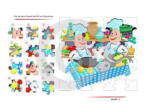 Logic game for children and adults. Find piece of puzzle that fell out of picture. Printable page for kids brain teaser book.