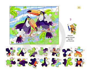 Logic game for children and adults. Find two pieces of puzzle that fell out of picture. Printable page for kids brain teaser book