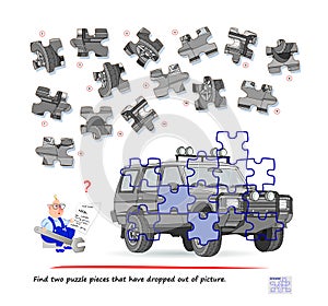 Logic game for children and adults. Find two puzzle pieces that have dropped out of picture. Printable page for kids brain teaser
