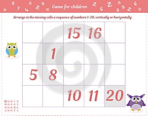 Logic game for children and adults. Place in empty cells horizontally and vertically a sequence of numbers from 1 to 20