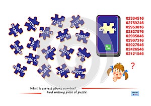 Logic game for children and adults. What is correct phone number? Find missing piece of puzzle. Printable page for kids brain