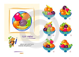 Logic game for children and adults. Which vase with fruits matches the picture? Top view puzzle. 3D maze. Page for brain teaser photo