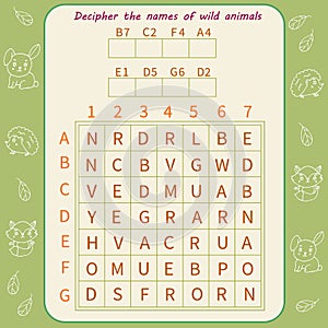 Logic game for children. Decipher the name of the wild animal