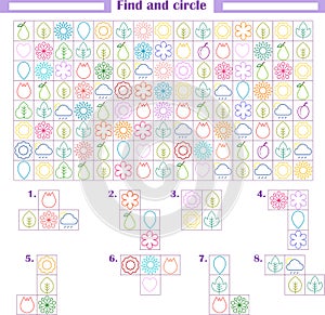 Logic game for children. Development of attention, thinking. Find and circle the fragments shown below